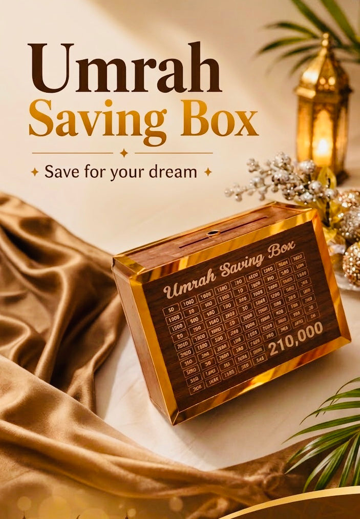 Premium Wooden Umrah Saving Box – 210,000 Savings Goal |Reusable Saving Box