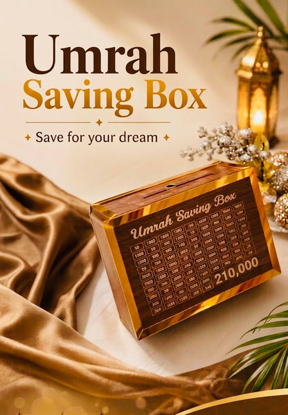 Premium Wooden Umrah Saving Box – 210,000 Savings Goal |Reusable Saving Box
