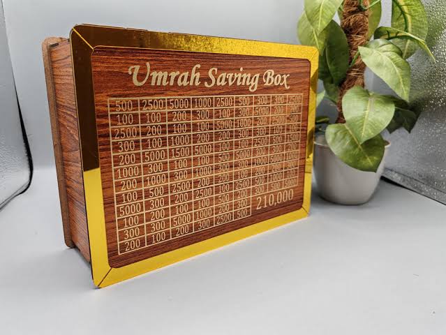 Premium Wooden Umrah Saving Box – 210,000 Savings Goal |Reusable Saving Box