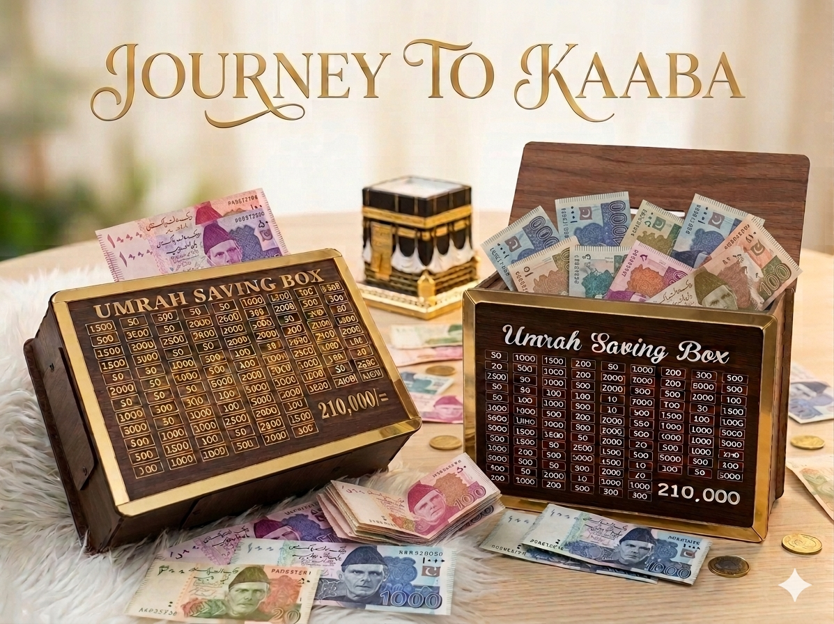 Premium Wooden Umrah Saving Box – 210,000 Savings Goal |Reusable Saving Box